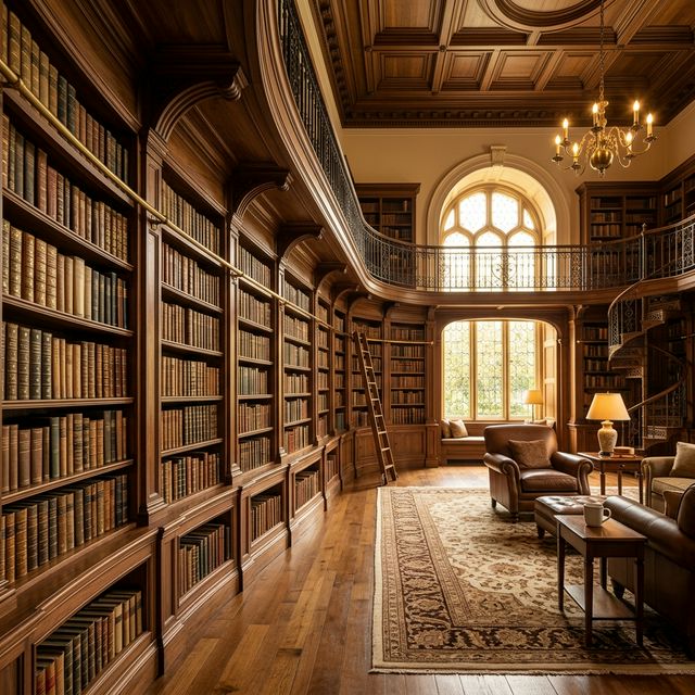 Elegant library with curved bookshelves